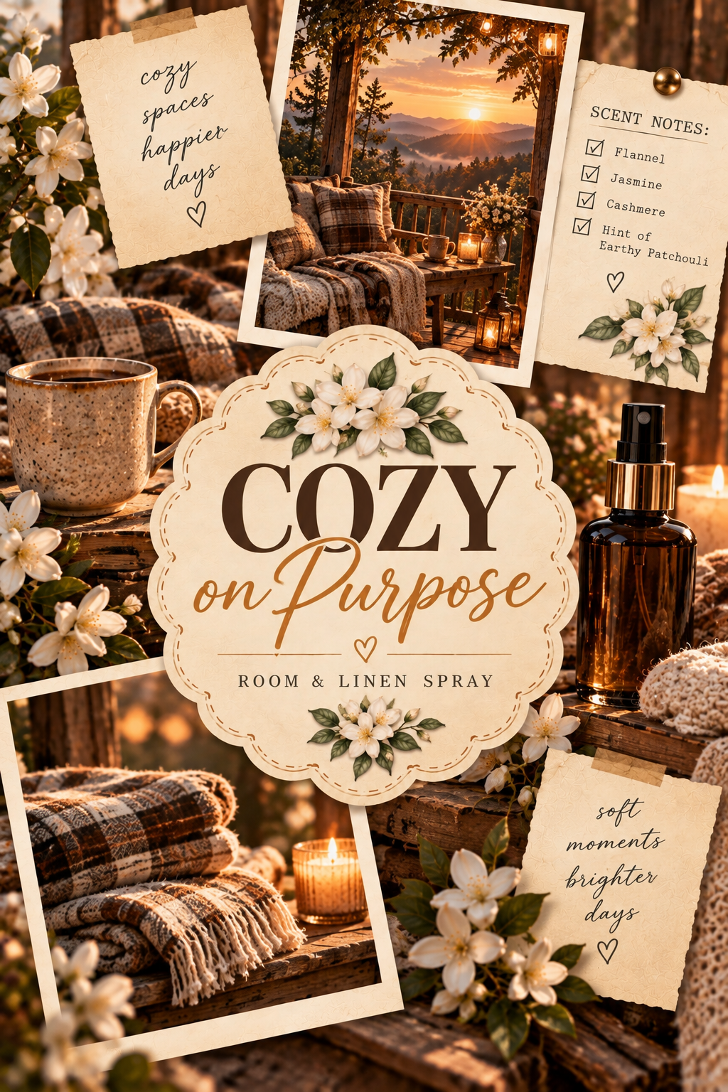 A cozy, warm-toned promotional collage for 'Cozy on Purpose' room and linen spray. The central cream scalloped label reads 'COZY on Purpose' with floral illustrations.