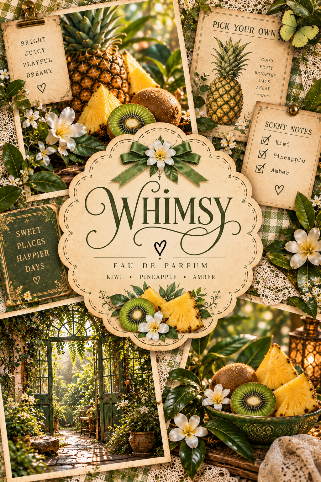 A decorative perfume label or packaging design reading “Whimsy Eau de Parfum,” surrounded by tropical fruit, flowers, leaves, and small scent-note cards. The composition is a styled collage with pineapple, kiwi, mango, and white blossoms, plus a garden path photo in the background.