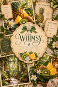 A decorative perfume label or packaging design reading “Whimsy Eau de Parfum,” surrounded by tropical fruit, flowers, leaves, and small scent-note cards. The composition is a styled collage with pineapple, kiwi, mango, and white blossoms, plus a garden path photo in the background.