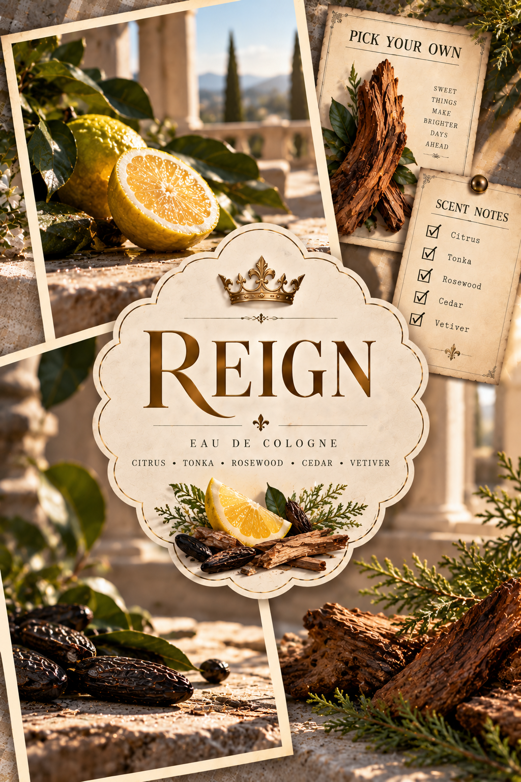 A perfume label design for 'REIGN Eau de Cologne' with a central cream scalloped label featuring a gold crown and scent notes, surrounded by a collage of warm-toned ingredient photos including lemons, wood bark, and greenery.
