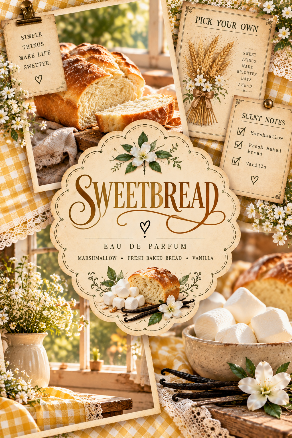 A decorative product graphic for a Sweetbreads Eau De Parfum. The design features a central cream-colored scalloped label with elegant brown script reading 'SWEETBREADS' and smaller text 'EAU DE PARFUM', surrounded by illustrations of vanilla flowers and a sliced sweetbread.