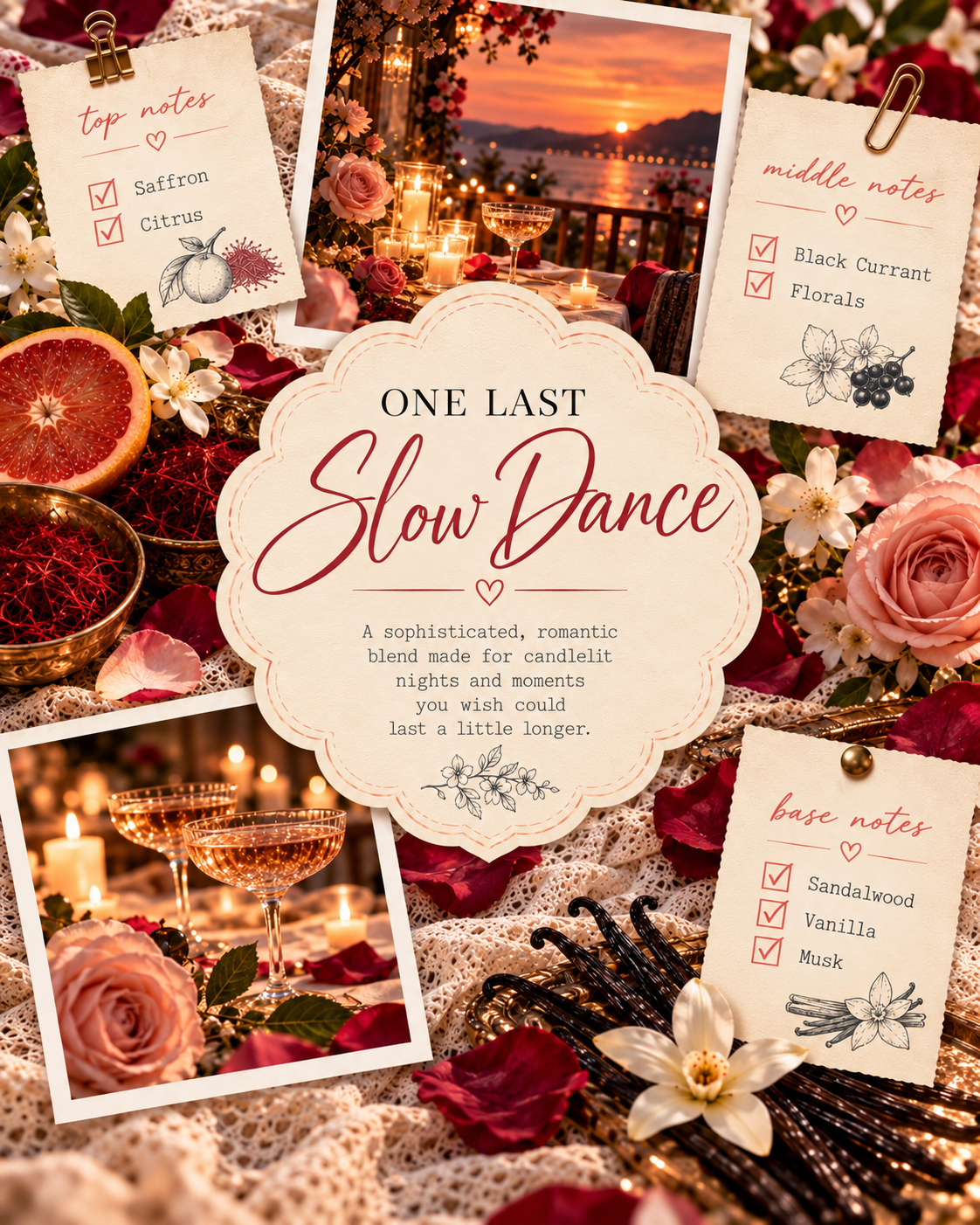 A styled flat-lay graphic for a slow dance cocktail recipe card or recipe booklet. The central cream-colored scalloped card reads 'ONE LAST Slow Dance' with a romantic description, surrounded by decorative notes clipped to 'top notes', 'middle notes', and 'base notes', alongside photos of roses, champagne glasses, a sunset balcony, and spices.