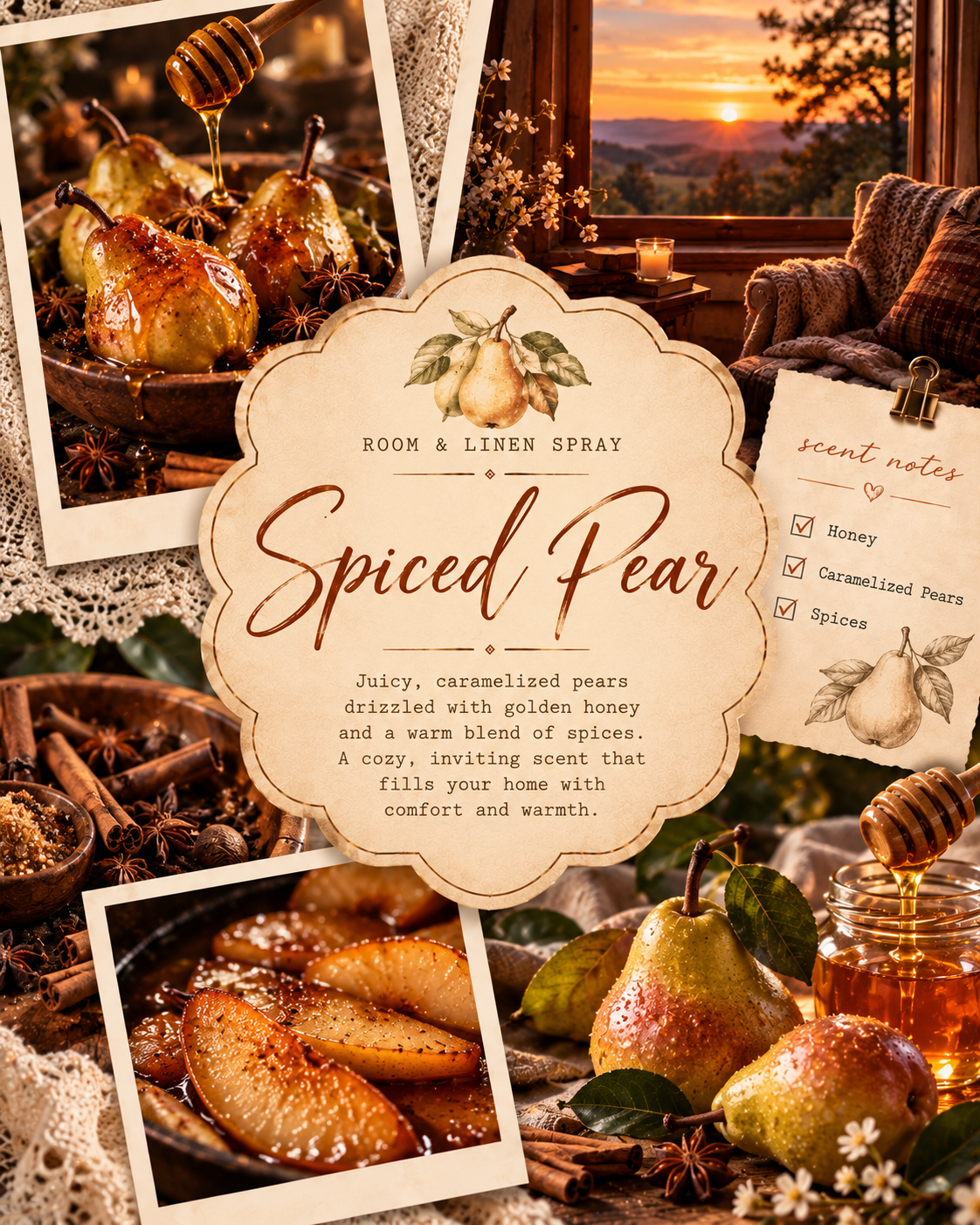 spiced pear title with collage of pear desserts with honey 