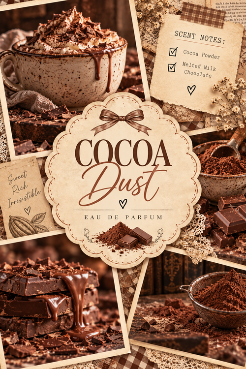 A perfume label design for 'Cocoa Dust Eau de Parfum' featuring a central cream-colored scalloped label with brown typography, surrounded by a collage of warm-toned chocolate-themed photos including a mug of hot cocoa, chocolate bars, cocoa powder, and scent notes.