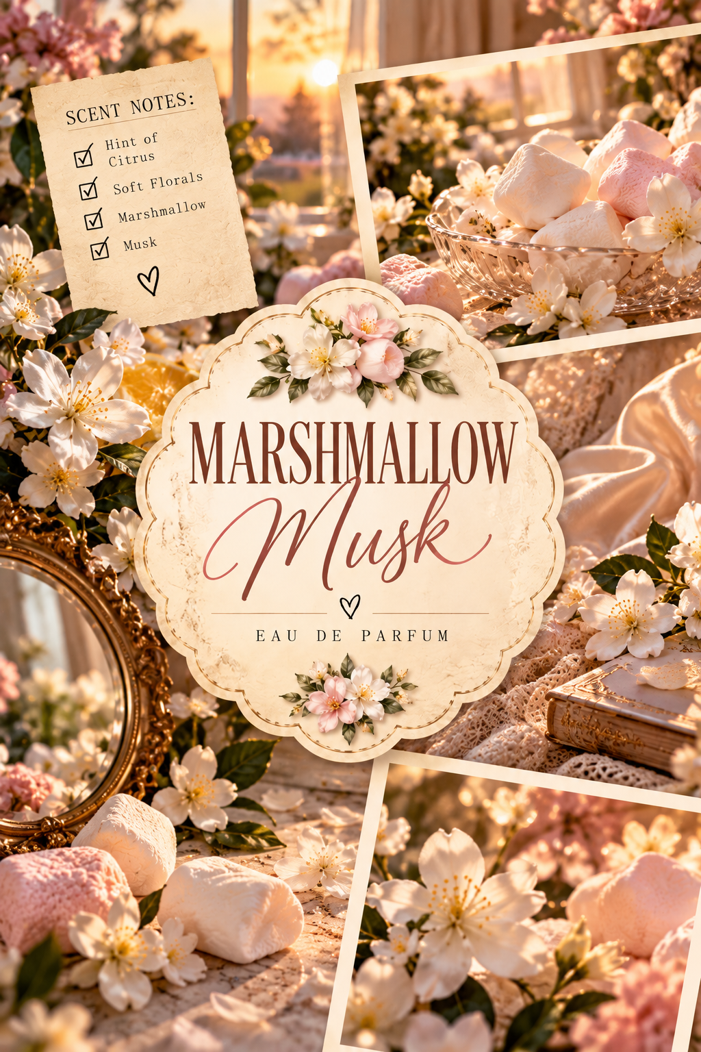 A perfume label design for 'Marshmallow Musk Eau de Parfum' surrounded by a collage of soft-focus floral imagery, pink wax melts, and a handwritten scent notes card.