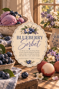 vintage themed picture with title as blueberry sorbet perfume. scent description underneath title and blueberries and lychee fruit and there is a vase of flowers in the background by the window.