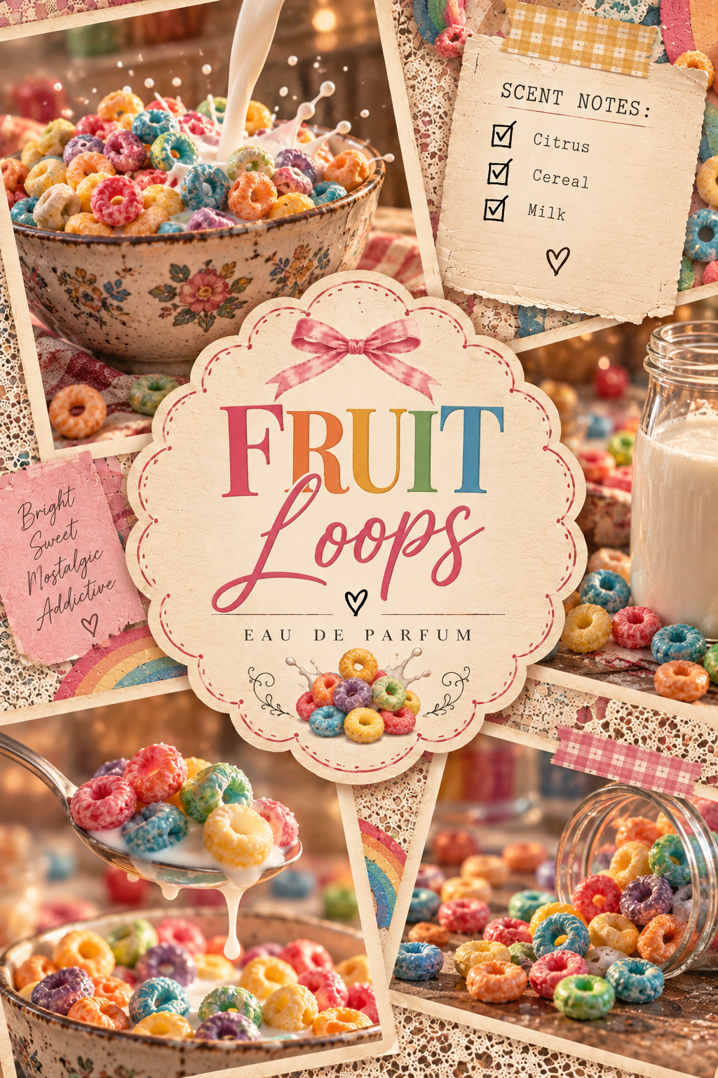 A collage-style product graphic for Fruit Loops Eau de Parfum, featuring colorful cereal loops in bowls, a spoonful, scattered cereal, a floral bowl, a milk glass, and a central cream label with the text 'FRUIT LOOPS' and 'EAU DE PARFUM'.