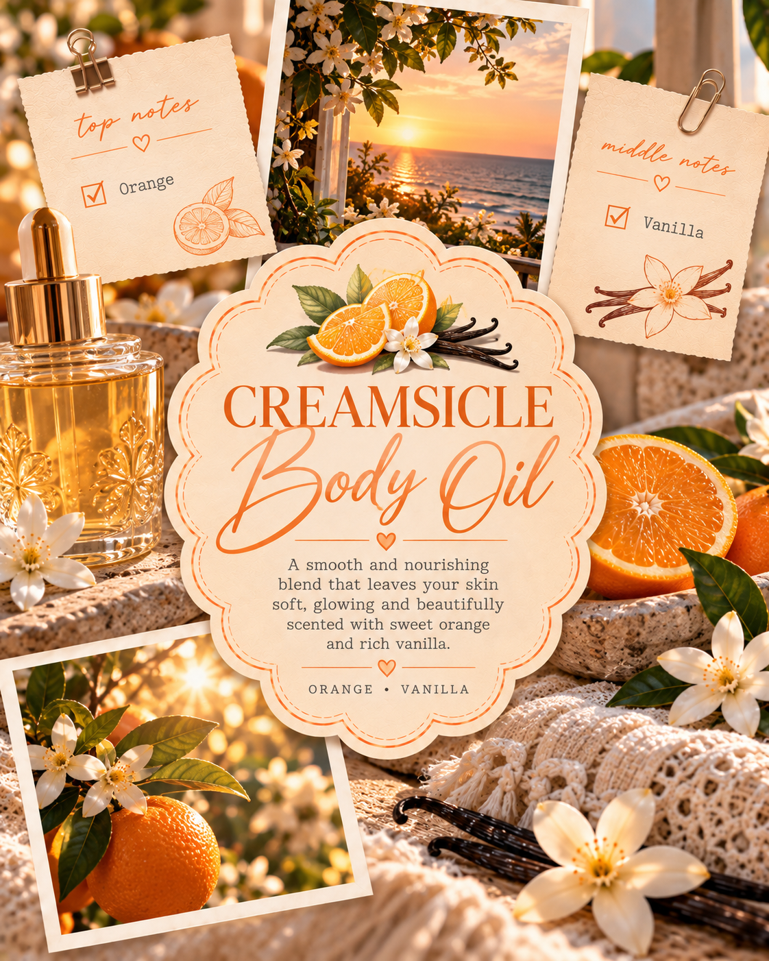 Creamsicle Body Oil product presentation with a central cream-colored label reading 'CREAMSICLE Body Oil' and scent notes Orange and Vanilla, surrounded by a gold dropper bottle, orange slices, white flowers, and tropical beach photo cards.