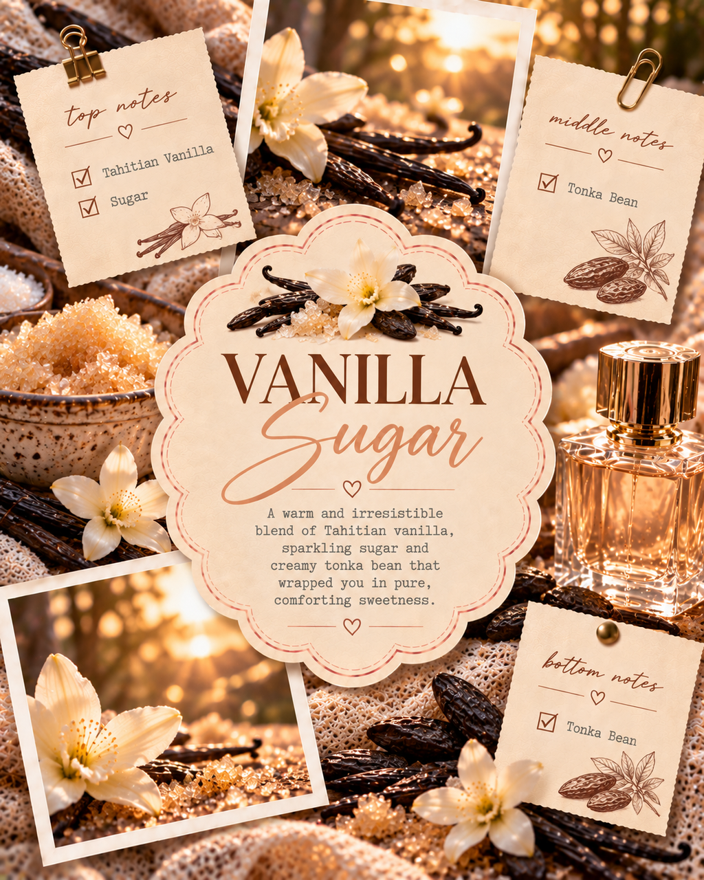 A styled fragrance note graphic for Vanilla Sugar, showing a central cream-colored label with scent description and a gold perfume bottle, surrounded by note cards labeled top notes, middle notes, and bottom notes, with vanilla beans, flowers, and warm golden lighting.