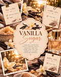 A styled fragrance note graphic for Vanilla Sugar, showing a central cream-colored label with scent description and a gold perfume bottle, surrounded by note cards labeled top notes, middle notes, and bottom notes, with vanilla beans, flowers, and warm golden lighting.