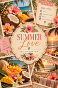 A tropical-themed perfume label or packaging design with the words “SUMMER Love” and “EAU DE PARFUM,” surrounded by flowers, coconuts, sliced mango, palm leaves, beach scenes, and a scent-notes card reading Coconut, Tropical Fruit, Melon, and Hint of Florals.