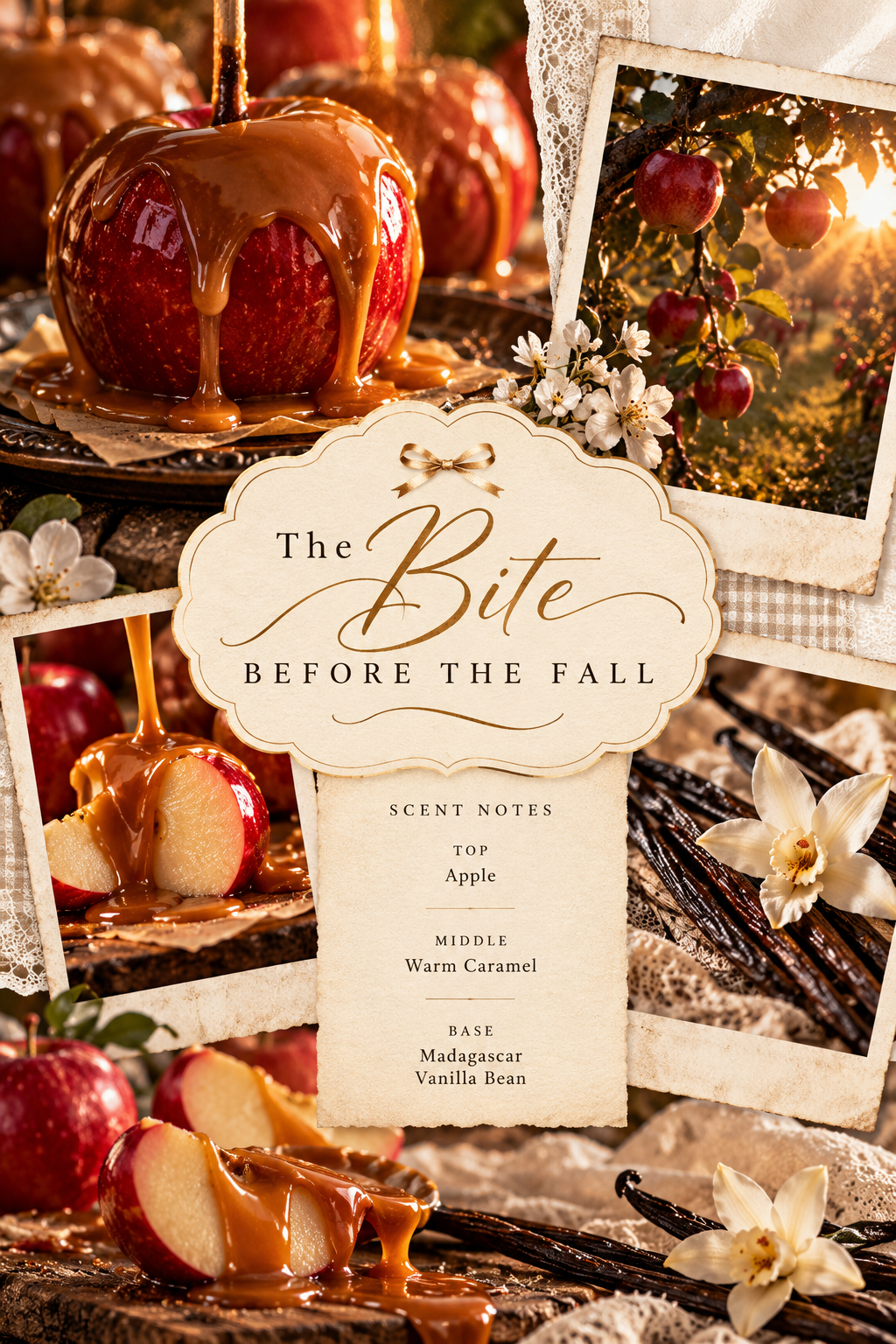 A styled product graphic for a scent product titled "The Bite Before the Fall" with a cream label in the center and surrounding food photography showing red apples, caramel drizzle, vanilla beans, and white flowers.