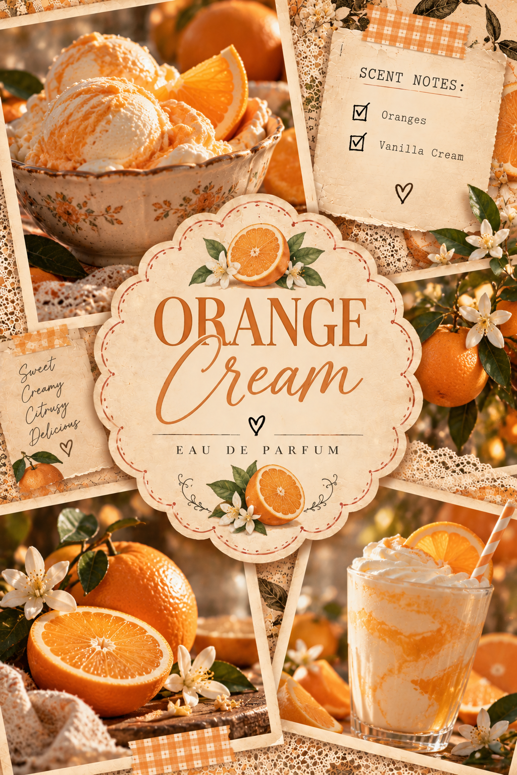 A decorative perfume label design for 'Orange Cream Eau de Parfum' featuring a central cream scalloped badge with orange script text and orange slice illustrations, surrounded by a collage of orange-themed food and drink photos including ice cream, oranges, flowers, and a whipped drink.