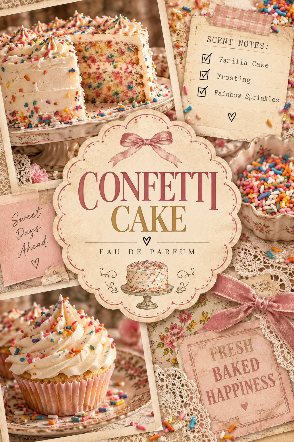 A decorative perfume label reading 'CONFETTI CAKE' with 'EAU DE PARFUM' below, surrounded by illustrated and photographed cake pieces, sprinkles, lace, and scent notes on a warm beige background.