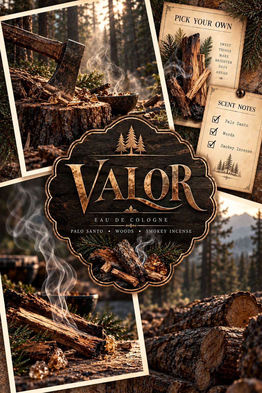 A perfume bottle label design for 'VALOR' Eau de Cologne, styled in a rustic wood-grain aesthetic with pine trees, an axe, logs, and a campfire. The central label features the brand name 'VALOR' in gold lettering on a dark wood background, with scent notes listed on parchment-style cards in the corners.