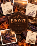 A decorative product graphic for a fragrance called BRONZE COLOGNE, showing a central dark bronze label surrounded by five scent notes cards: top notes Mahogany, middle notes Lavender, and bottom notes Amber and Sandalwood, with supporting imagery of a campfire, mountains, lavender, and amber stones.