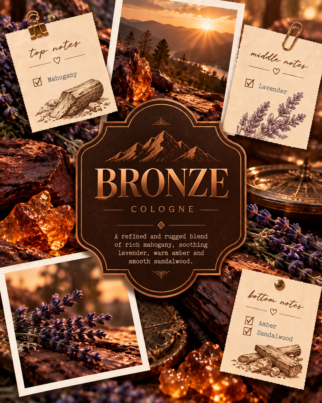 A decorative product graphic for a fragrance called BRONZE COLOGNE, showing a central dark bronze label surrounded by five scent notes cards: top notes Mahogany, middle notes Lavender, and bottom notes Amber and Sandalwood, with supporting imagery of a campfire, mountains, lavender, and amber stones.
