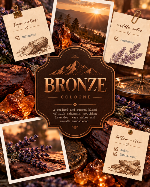 A decorative product graphic for a fragrance called BRONZE COLOGNE, showing a central dark bronze label surrounded by five scent notes cards: top notes Mahogany, middle notes Lavender, and bottom notes Amber and Sandalwood, with supporting imagery of a campfire, mountains, lavender, and amber stones.