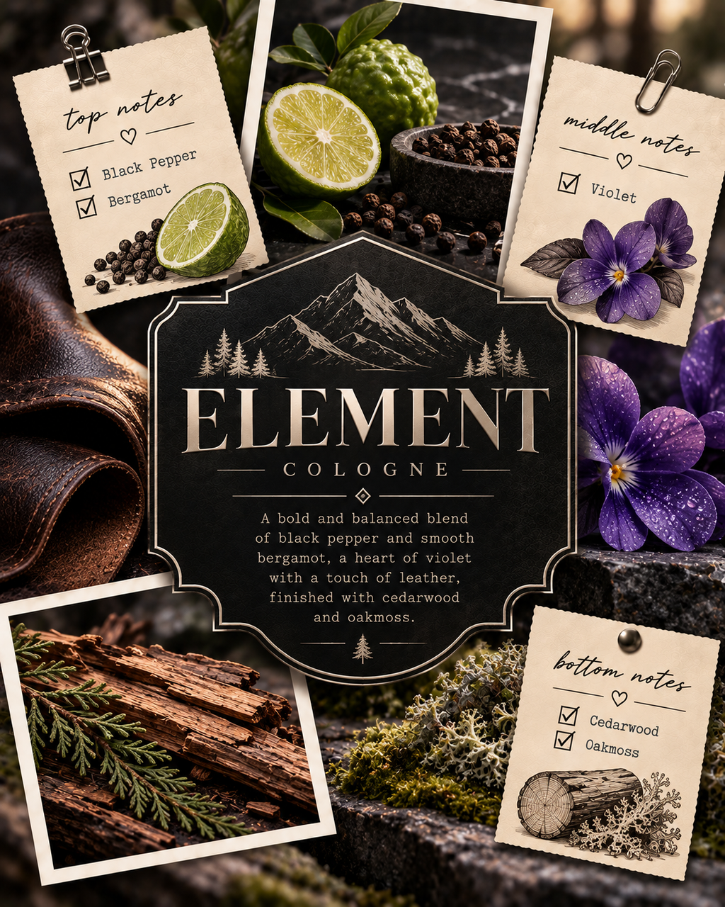 A styled collage for Element Cologne showing a central dark label with mountain graphics and scent notes, surrounded by ingredient photos including black peppercorns, bergamot, violet flowers, cedarwood bark, and moss on a rustic wood surface.