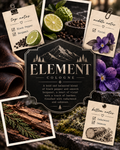 A styled collage for Element Cologne showing a central dark label with mountain graphics and scent notes, surrounded by ingredient photos including black peppercorns, bergamot, violet flowers, cedarwood bark, and moss on a rustic wood surface.