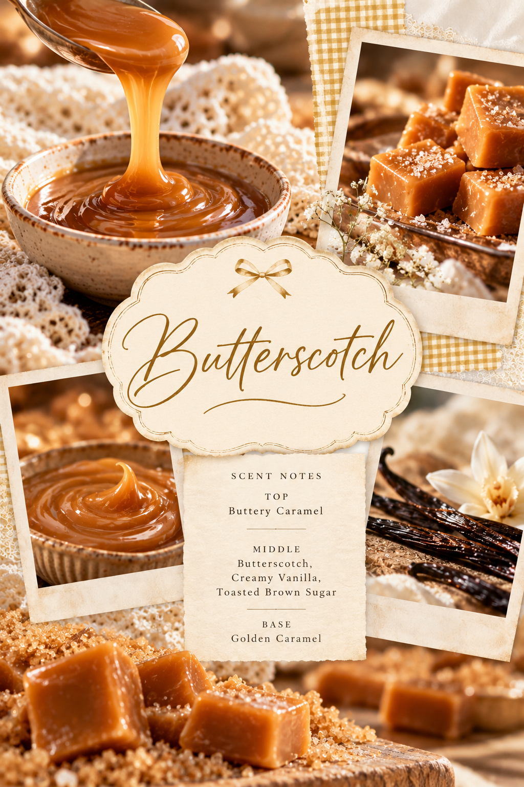 A decorative scent note card labeled 'Butterscotch' surrounded by caramel-themed food photography, including caramel being poured into a bowl, stacked caramel squares, vanilla beans, and a close-up of caramel sauce. The card lists scent notes for top, middle, and base.