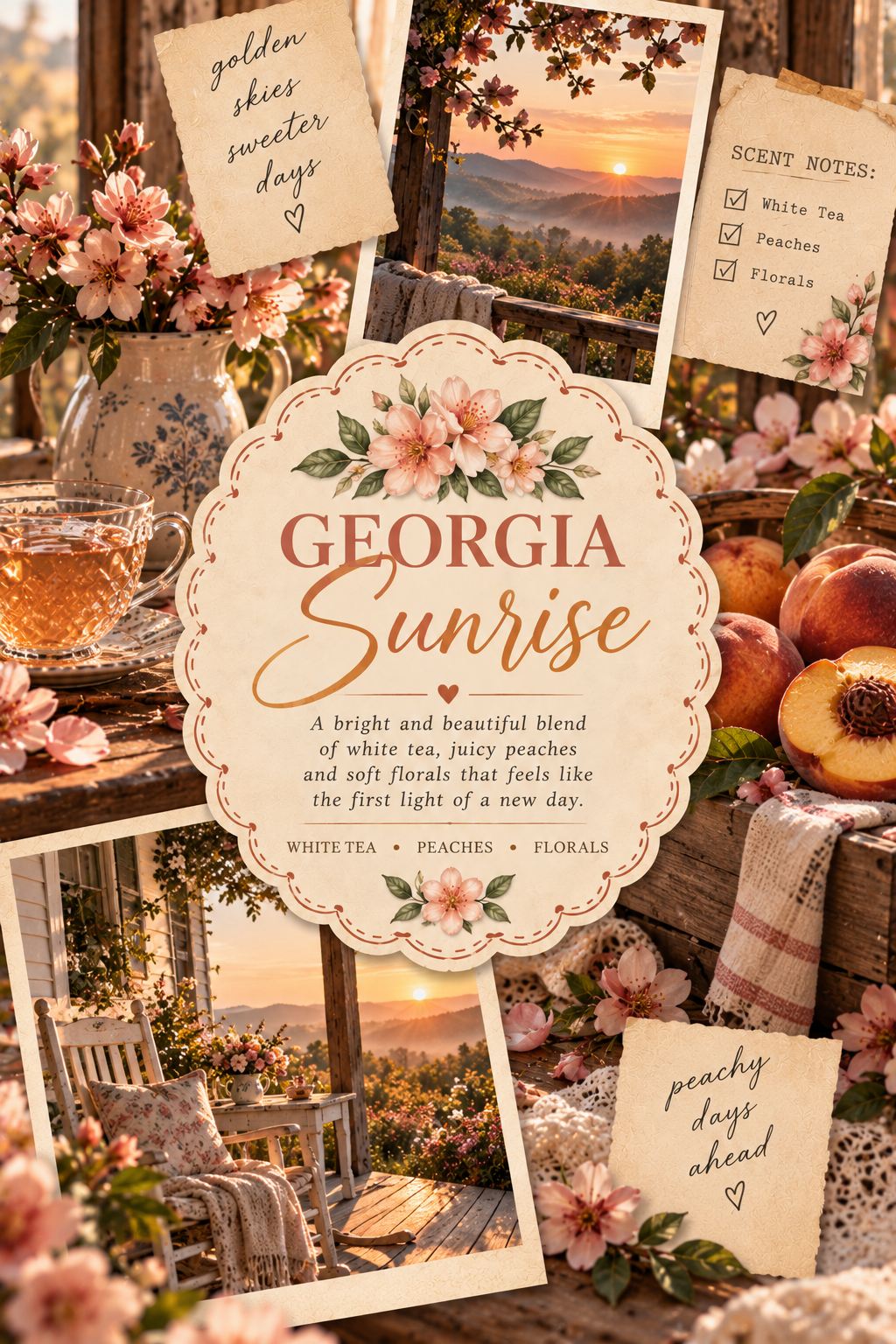 A decorative book or album cover design titled "GEORGIA Sunrise" with floral illustrations and a central cream scalloped label. The background collage shows peach-colored flowers, a sunset landscape photo, a cup of tea, peaches, and handwritten notes with scent notes like white tea, peaches, and florals.
