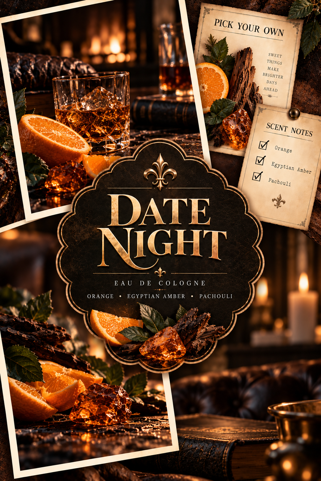 A perfume marketing graphic for 'Date Night' Eau de Cologne, featuring a central dark brown ornate label with gold lettering, surrounded by three white-bordered photo panels depicting whiskey, orange slices, books, and a scent notes card.