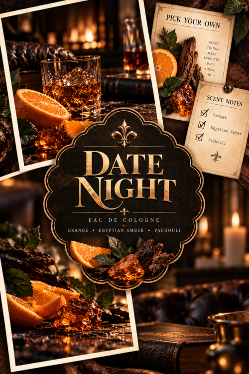 A perfume marketing graphic for 'Date Night' Eau de Cologne, featuring a central dark brown ornate label with gold lettering, surrounded by three white-bordered photo panels depicting whiskey, orange slices, books, and a scent notes card.
