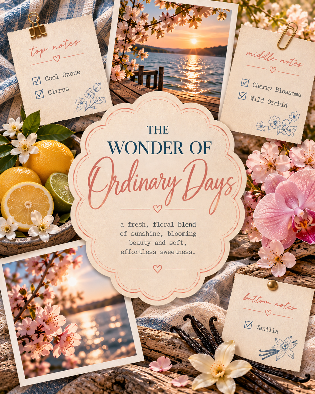 A styled flat-lay of a scented note card set with floral and coastal imagery. The central cream scalloped card reads “THE WONDER OF Ordinary Days” with scent notes for top, middle, and bottom notes.
