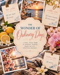 A styled flat-lay of a scented note card set with floral and coastal imagery. The central cream scalloped card reads “THE WONDER OF Ordinary Days” with scent notes for top, middle, and bottom notes.