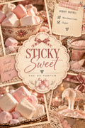 A vintage-style perfume label reading 'STICKY Sweet EAU DE PARFUM' surrounded by marshmallows, jars, and scent notes including marshmallows and sugar, in soft pink and beige tones.