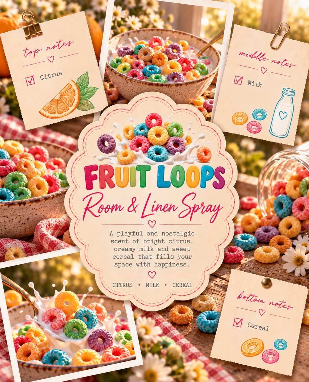 A styled collage for Fruit Loops room and linen spray, featuring bowls of colorful cereal, paper clips, and handwritten notes listing citrus, milk, and cereal notes, with the central label reading 'FRUIT LOOPS Room & Linen Spray'.