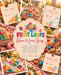 A styled collage for Fruit Loops room and linen spray, featuring bowls of colorful cereal, paper clips, and handwritten notes listing citrus, milk, and cereal notes, with the central label reading 'FRUIT LOOPS Room & Linen Spray'.