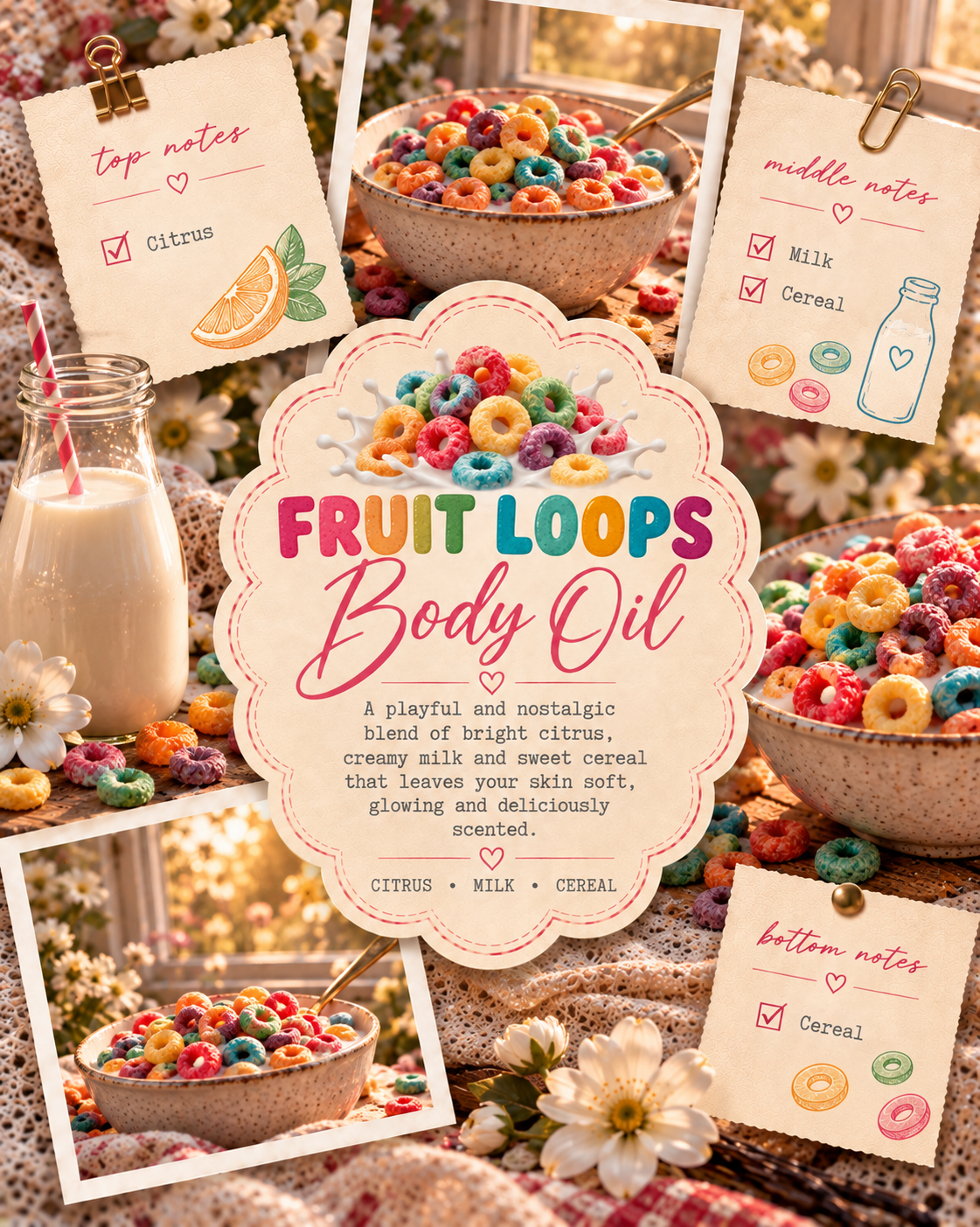 A styled product collage for Fruit Loops Body Oil, showing bowls of colorful cereal, a glass of milk, flowers, and handwritten note cards around a central label reading 'FRUIT LOOPS Body Oil' with scent and ingredient notes.