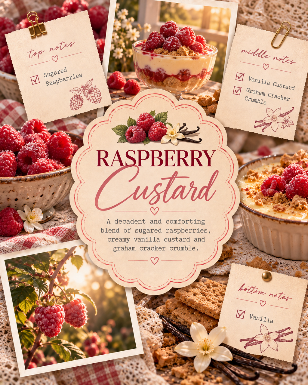 vintage themed picture with title as raspberry custard room and linen spray. it has pictures of raspberries on the vine and raspberry custard dessert ith a note cards of the scent notes.