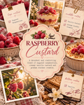vintage themed picture with title as raspberry custard room and linen spray. it has pictures of raspberries on the vine and raspberry custard dessert ith a note cards of the scent notes.