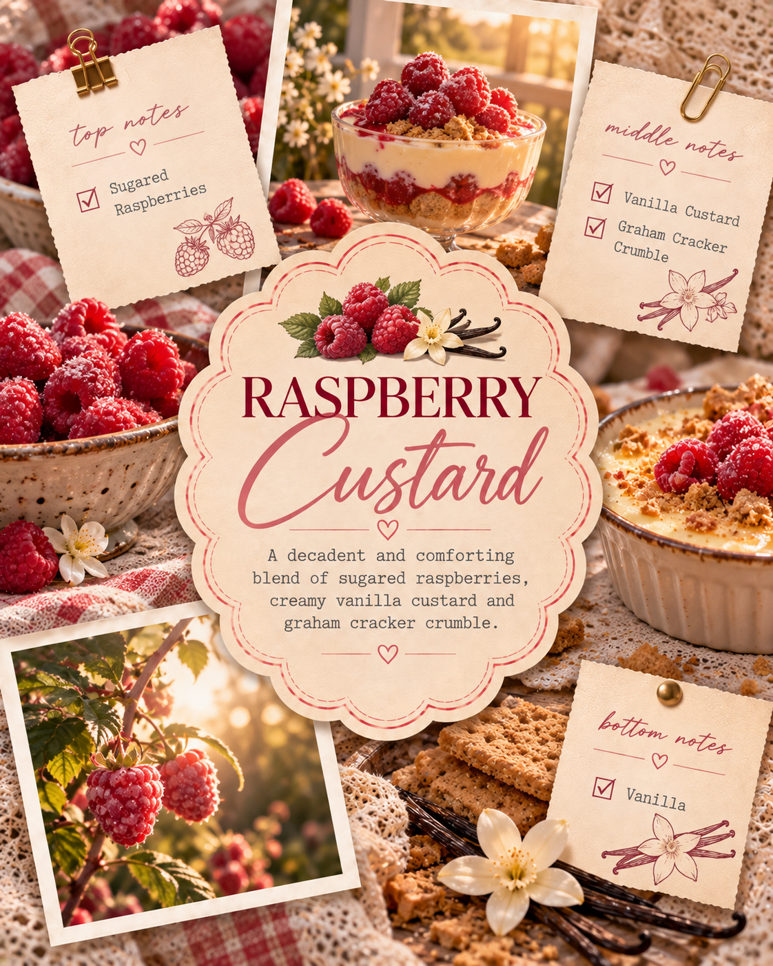 vintage themed picture with title as raspberry custard room and linen spray. it has pictures of raspberries on the vine and raspberry custard dessert ith a note cards of the scent notes.