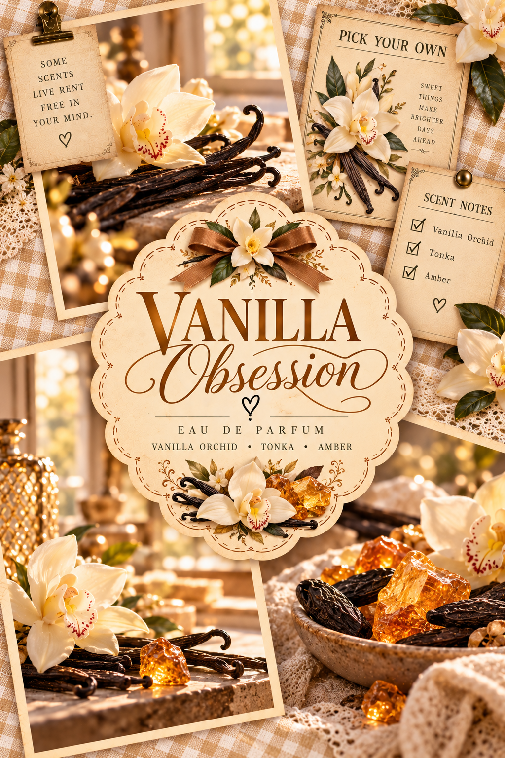 A styled collage for a perfume product titled 'Vanilla Obsession Eau De Parfum,' showing cream-colored labels, vanilla beans, white orchids, amber crystals, and warm rustic props in a cozy autumnal arrangement.