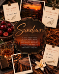 A styled flat-lay graphic for a whiskey or spirit blend named 'Sundown,' with cream cards clipped around a central ornate label. The cards list notes such as Cherry Wood, Tobacco, Timber, and Vanilla.
