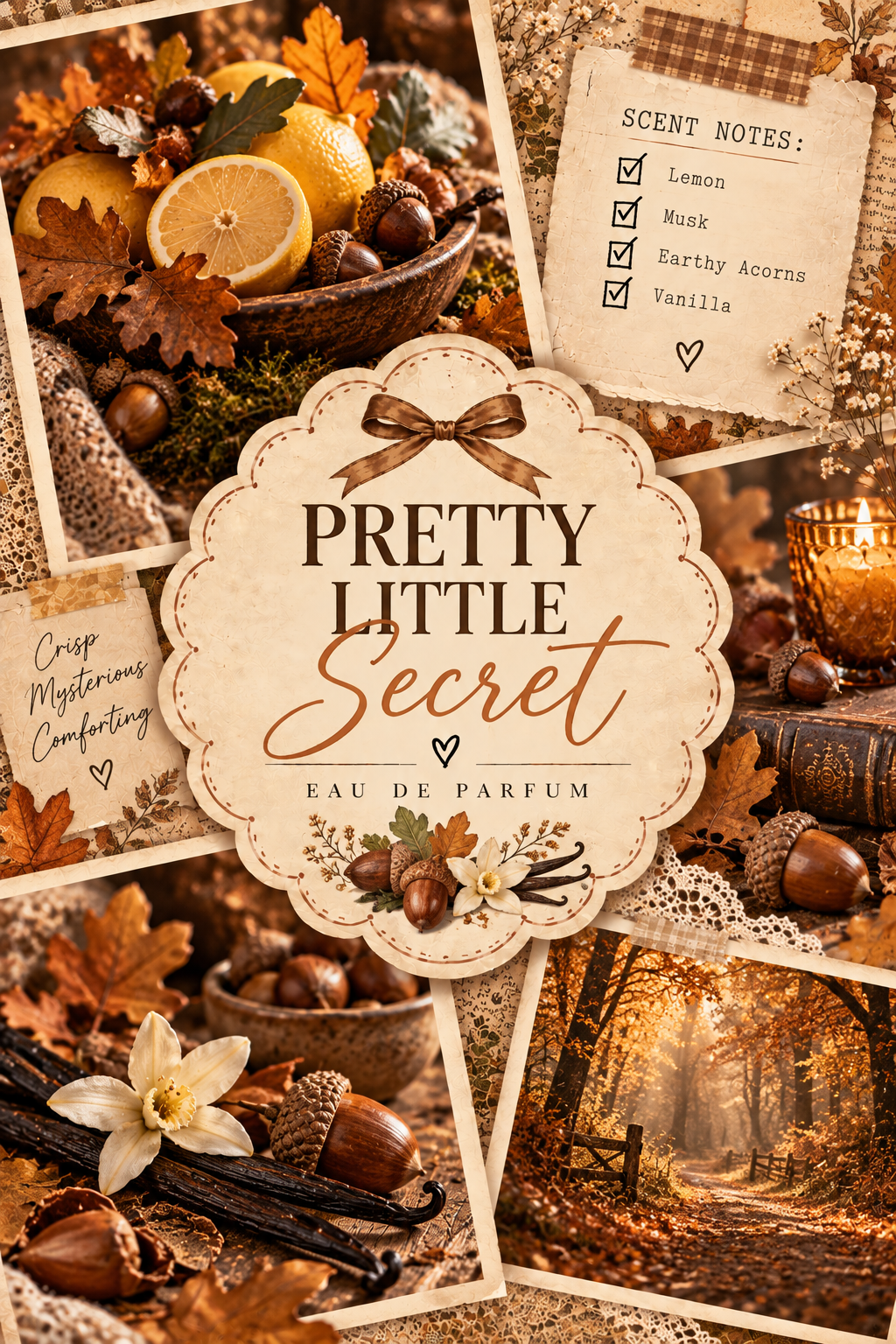 A cozy autumn-themed perfume packaging collage with the central label reading 'PRETTY LITTLE Secret EAU DE PARFUM.' The design combines fall leaves, acorns, citrus slices, vanilla beans, a candle, and a forest-path scene, with scent notes listed on a note card including Lemon, Musk, Patchouli, Acacia, and Vanilla.