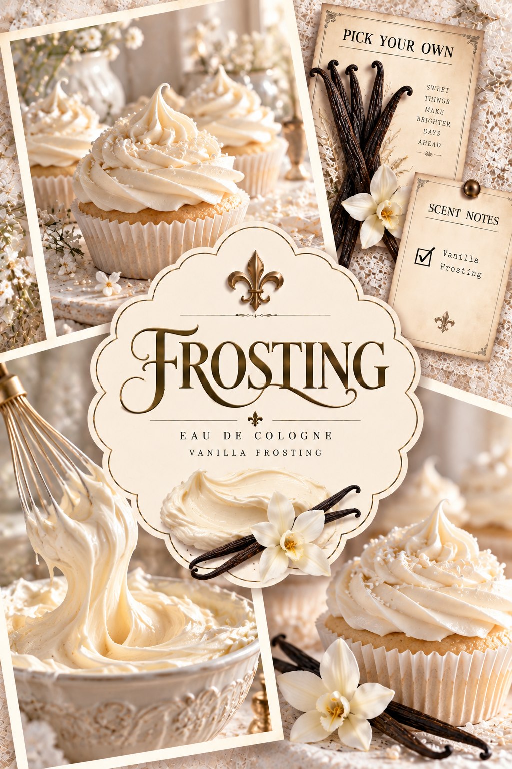 A decorative collage-style product graphic for a fragrance named FROSTING Eau de Cologne, vanilla frosting. The design shows multiple close-up photos of iced cupcakes with pale cream frosting, vanilla beans, white flowers, a whisk, and scent-note cards.