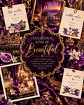 purple and gold royal themed picture titled Your own kind of beautiful. there is a short scent description underneath with the scent notes on note cards. two pictures of palace scenes.