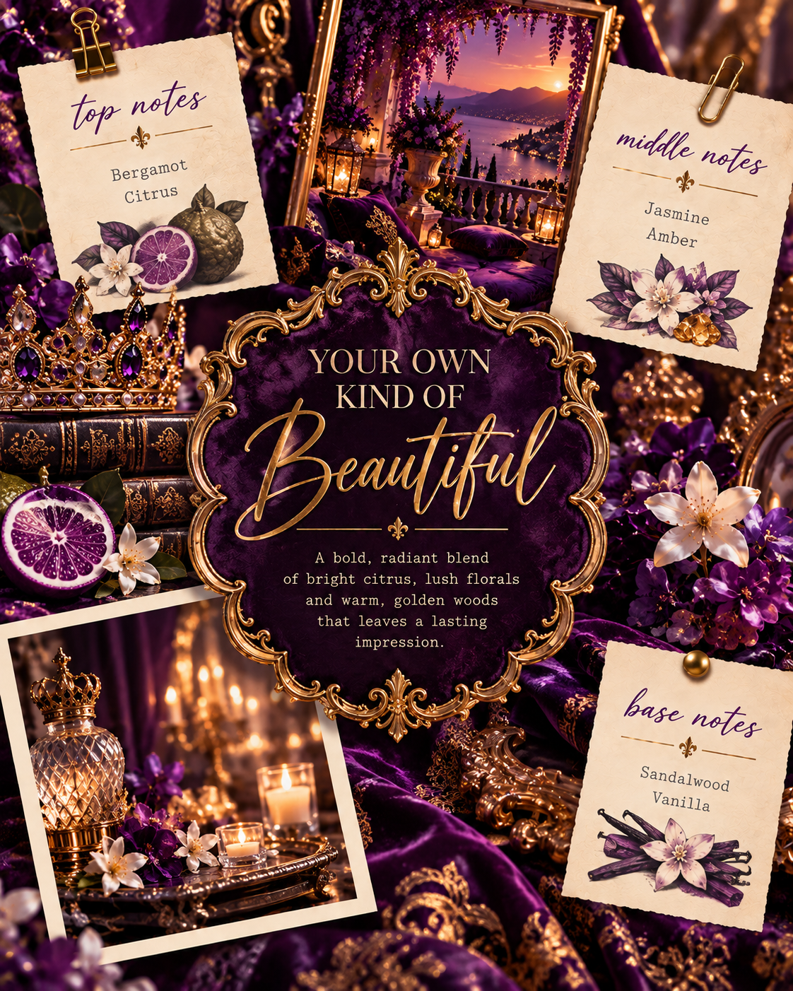 purple and gold royal themed picture titled Your own kind of beautiful. there is a short scent description underneath with the scent notes on note cards. two pictures of palace scenes.