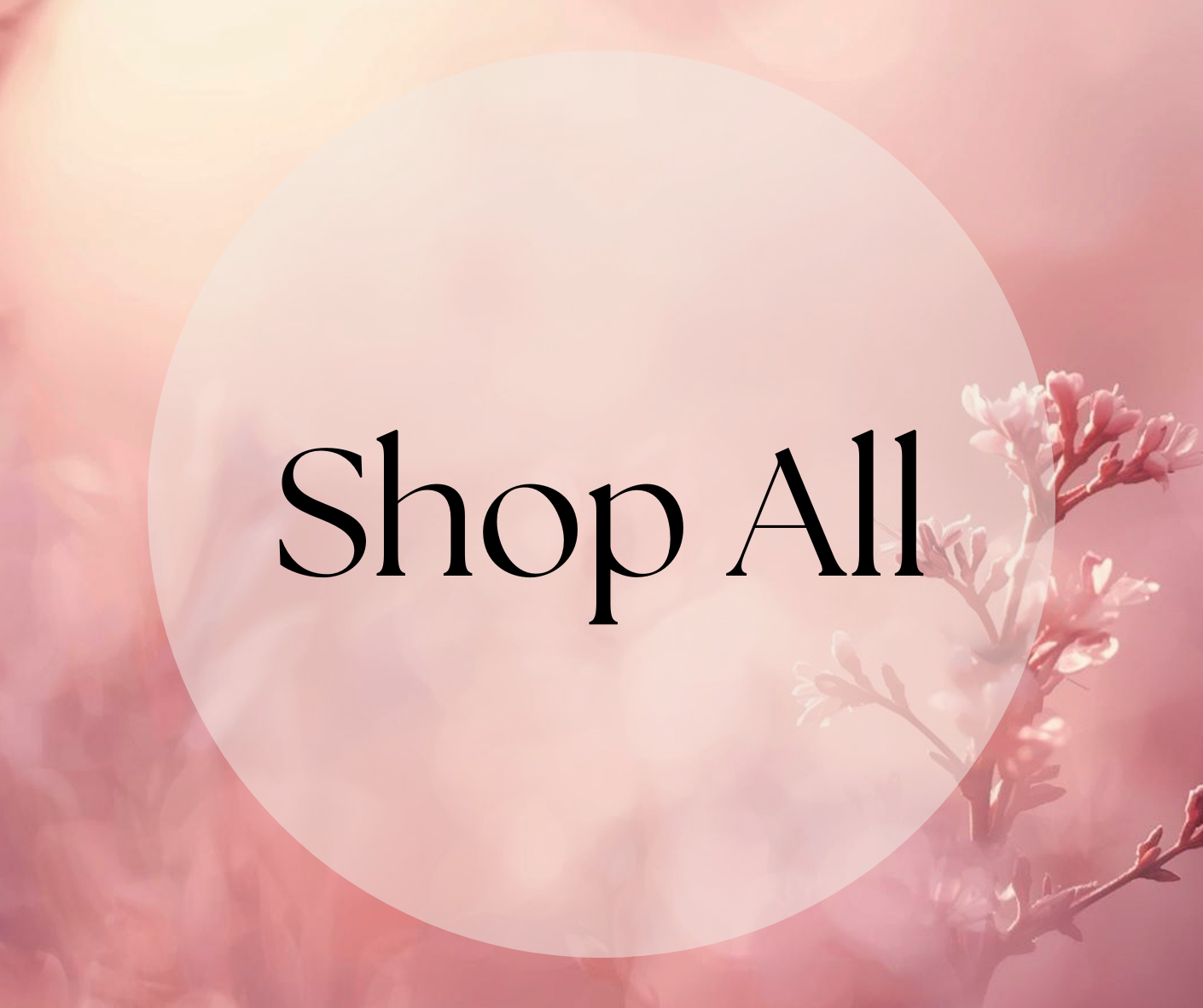 Text 'Shop All' on a soft pink background with floral elements